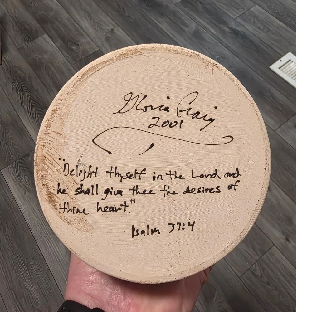Gloria Craig Christmas 7in Pottery Crock Cream Snowman Psalm 37:4 Folk Art 2001